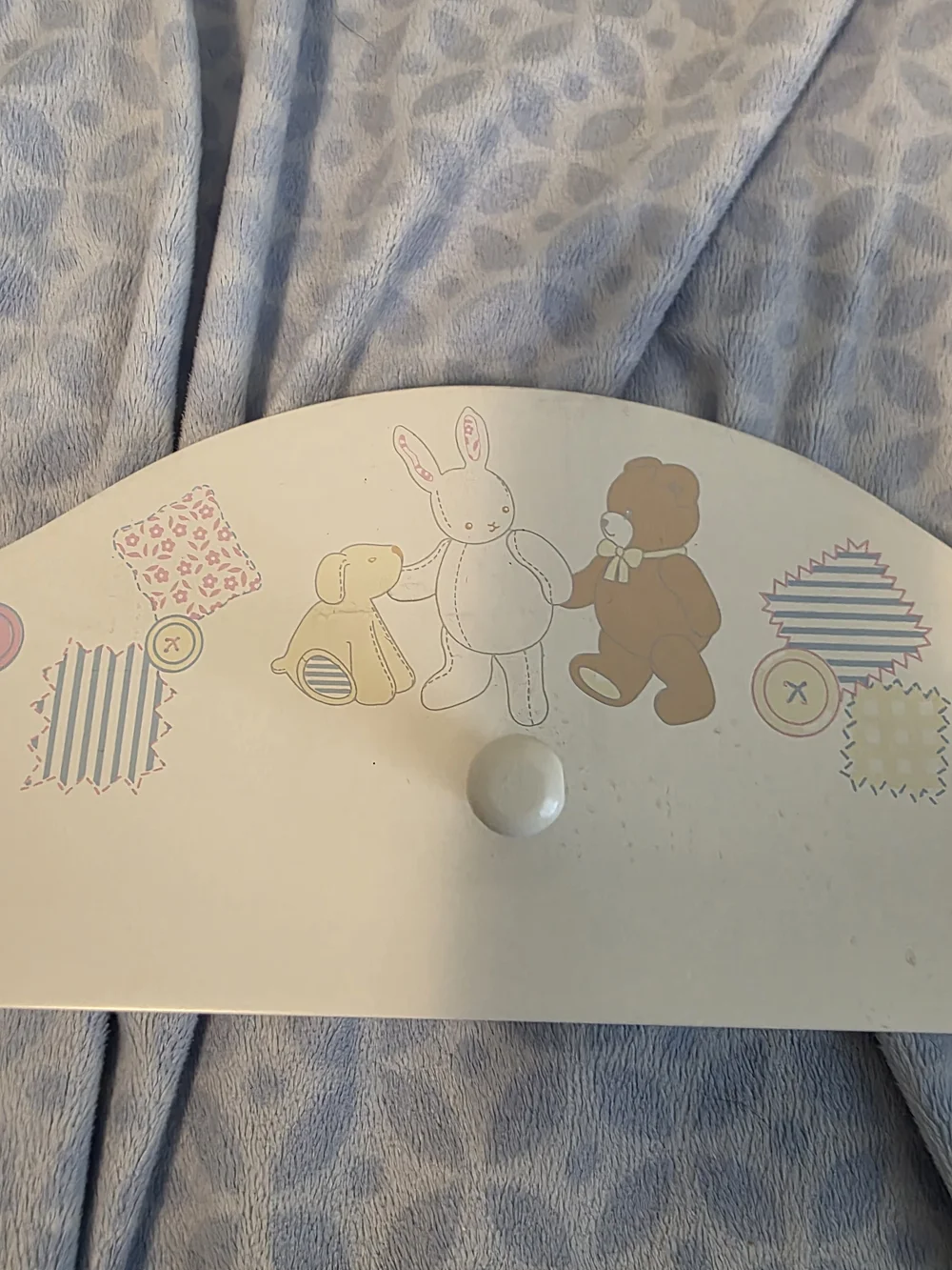 White Vintage Nursery Wall Hook Rack with Pastel Animal and Patchwork Design